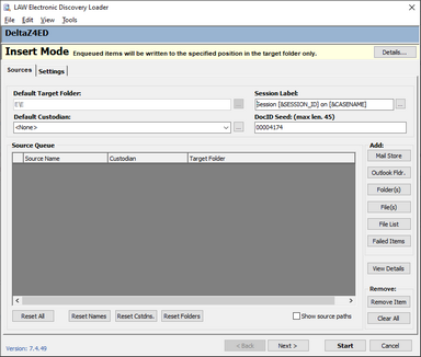 LAW Electronic Discovery Loader dialog box in insert mode.