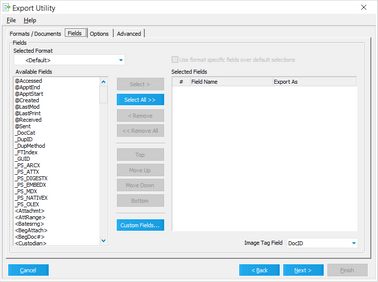 Fields tab in the Export Utility dialog box
