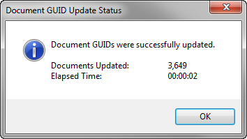 Document GUID Update Status dialog box