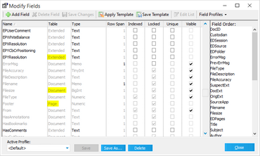 Table information for fields in the Modify Fields dialog box