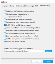 Preferences tab in the Options dialog box