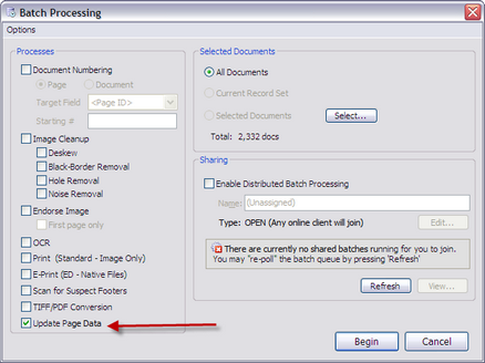 Batch Processing dialog box with Update Page Data selected