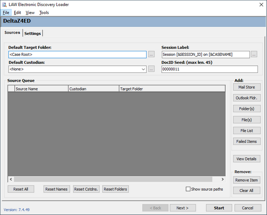 LAW Electronic Discovery Loader dialog box