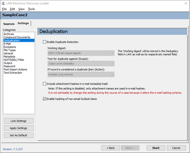 Deduplication options on the Settings tab