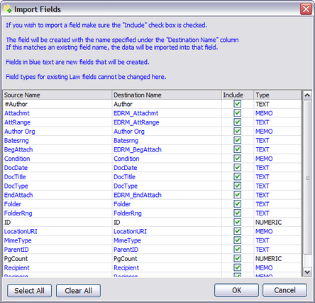 Import Fields dialog box