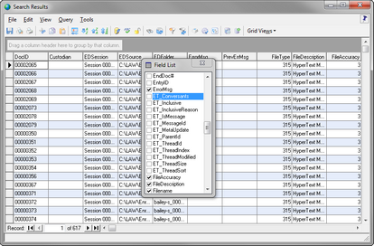 Grid view and Field List dialog box