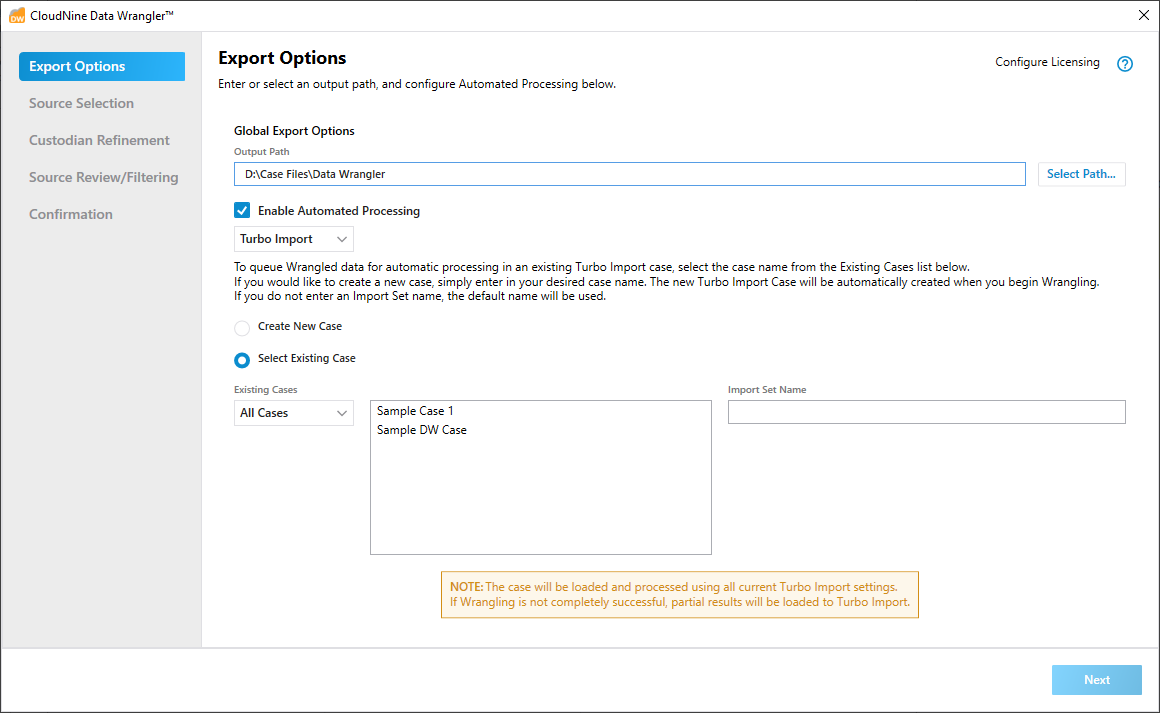 ExportOptionsTurboImportExistingCase