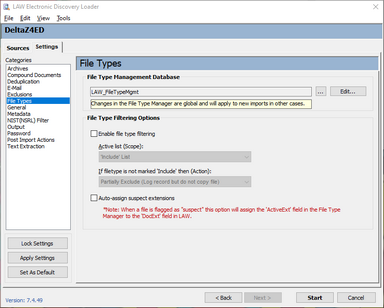 File Type options on the Settings tab