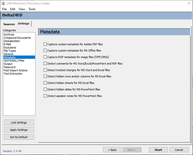 Metadata options on the Settings tab