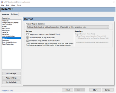 Output options on the Settings tab