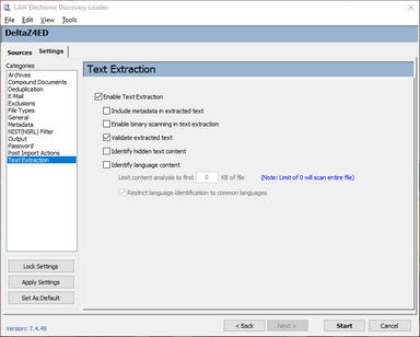 Text Extraction options on the Settings tab