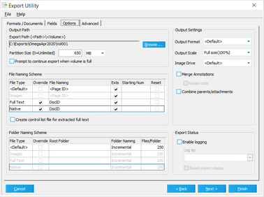 Options tab in the Export Utility dialog box