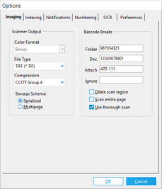 Imaging tab in the Options dialog box