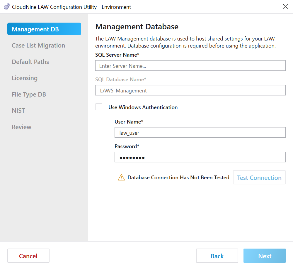 ConfigureEnvironmentManagementDB