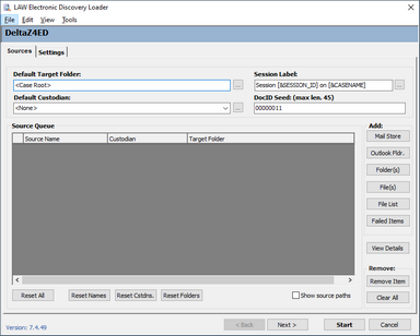 LAW Electronic Discovery Loader dialog box