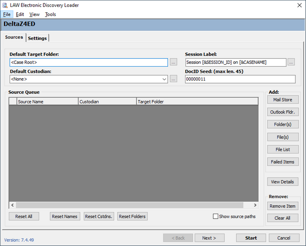 LAW Electronic Discovery Loader dialog box