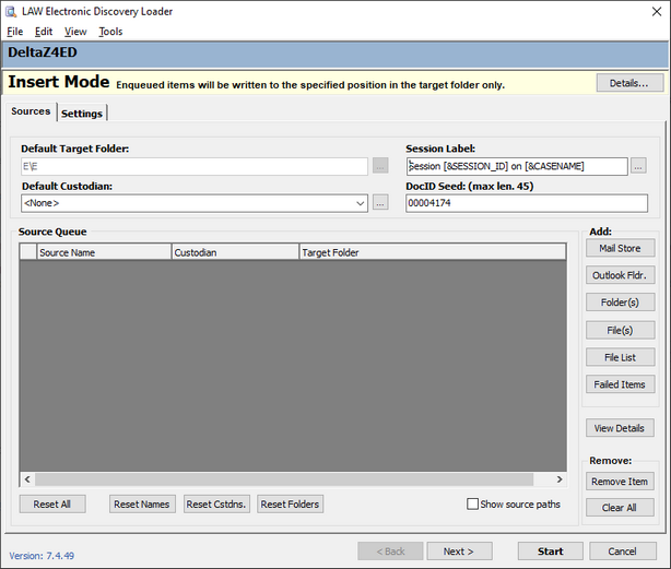 LAW Electronic Discovery Loader dialog box in insert mode.