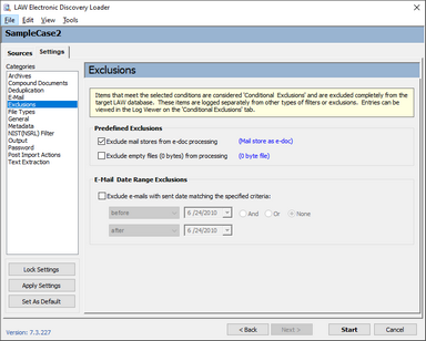 Exclusion options on the Settings tab