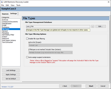 File Type options on the Settings tab