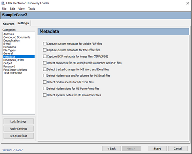 Metadata options on the Settings tab