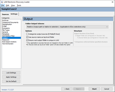 Output options on the Settings tab