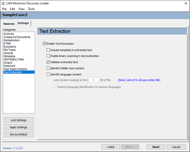 Text Extraction options on the Settings tab