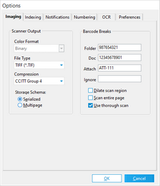 Imaging tab in the Options dialog box