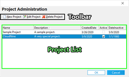 Project Administration dialog box