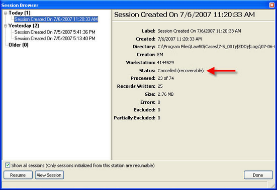 Session Browser dialog box Session Browser dialog box